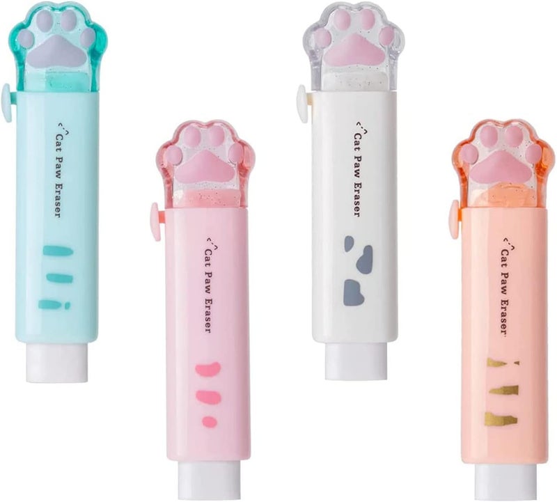 keepsweat 4 Pcs Cute Retractable Kawaii Cat Paw Eraser for Kids, Rubber Push-Pull for Students Writing, Drawing Aesthetic School/Office Supplies (Pink/Blue/White/Orange) - Image 1